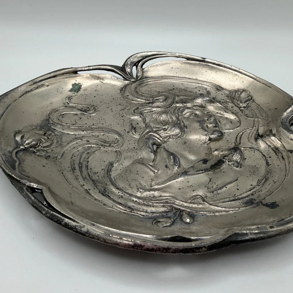Antique Art Nouveau Bronze? Tray Woman Poppies Repousse Vanity Trinket Dish